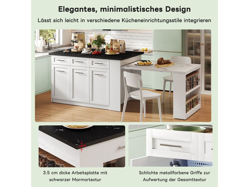  Îlot de cuisine rangement intégré meuble de cuisine conception multifonctionnelle table à manger extensible table blanche plateau en bois effet marbre noir et blanc armoires de rangement intégrées  - Conforama D