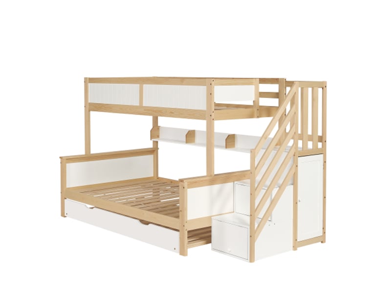  Lit superposé 90x200 cm, lit enfant avec lit gigogne, barrière et armoire, en bois, blanc, sans matelas  - Conforama E