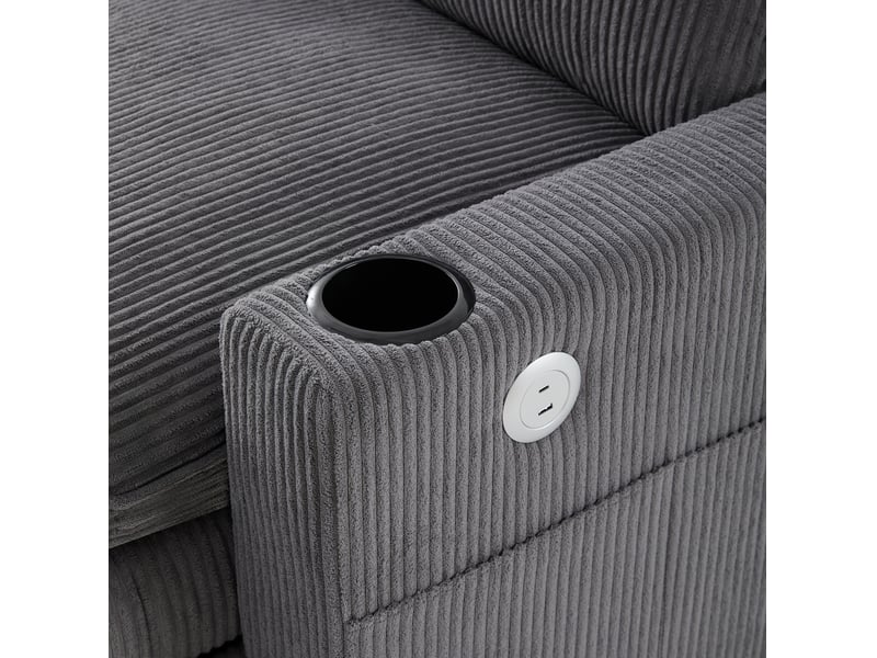  Canapé d'angle modulable 6 places en velours côtelé gris avec rangement, usb et porte-gobelets pour salon  - Conforama E