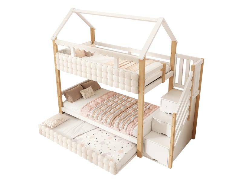  Lit superposé enfant blanc 90x200 cm avec lit gigogne 90x190 cm, escalier avec rangements, panneaux bouclette, barrières de sécurité, norme en 747  - Conforama A