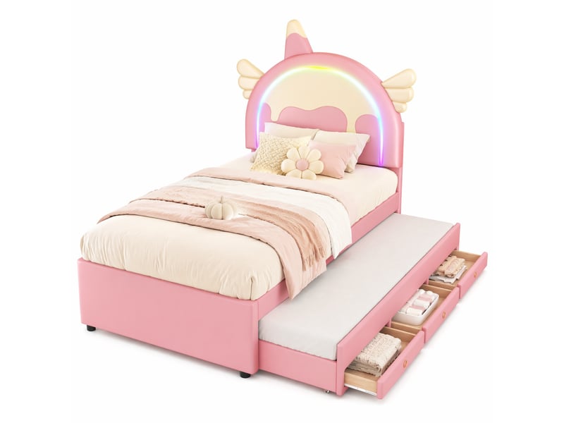  Lit gigogne 90x200 cm - lit enfant licorne avec lit gigogne - pu + mdf - sans matelas - rose  - Conforama A