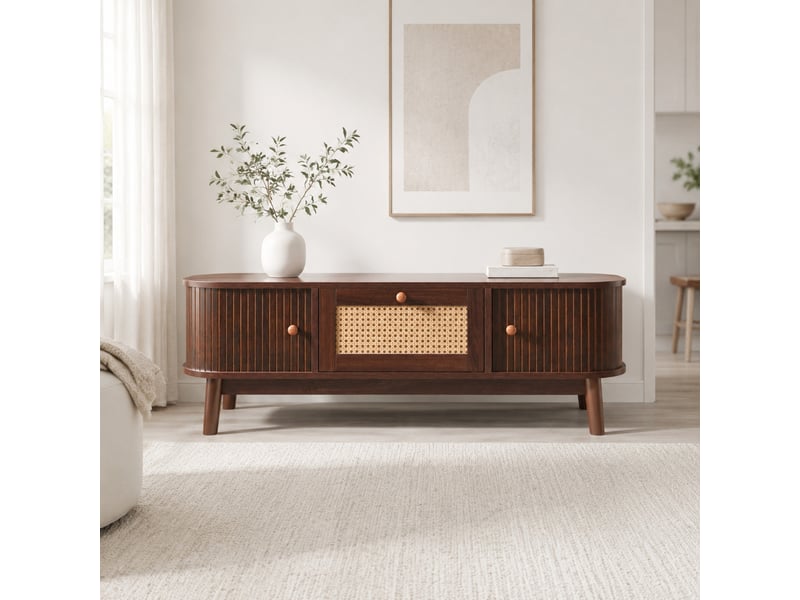  Table basse 110x55x38.5 cm avec tiroirs et portes, rotin et mdf coloris naturel  - Conforama C