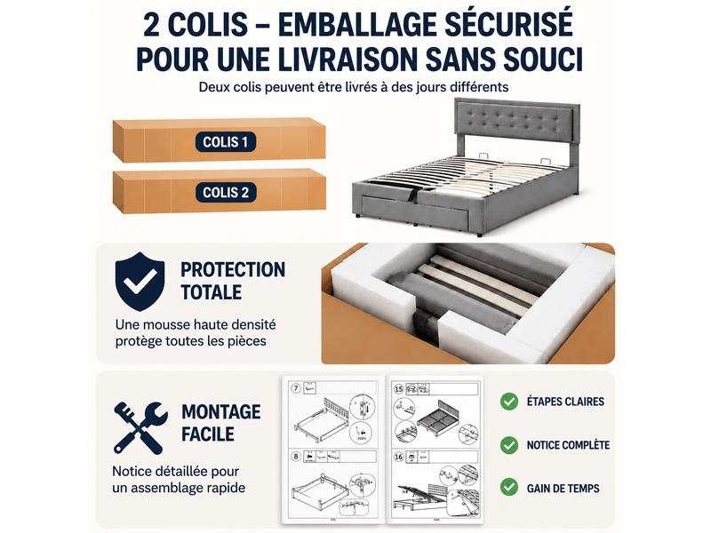  Lit coffre 180x200 cm en velours, rangement hydraulique avec tiroirs, tête de lit réglable, grand rangement, beige  - Conforama E