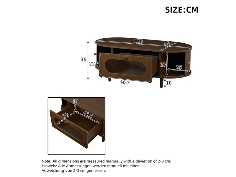 Table basse noyer 100x50 cm avec tiroir et portes coulissantes, design minimaliste pour salon - Conforama C