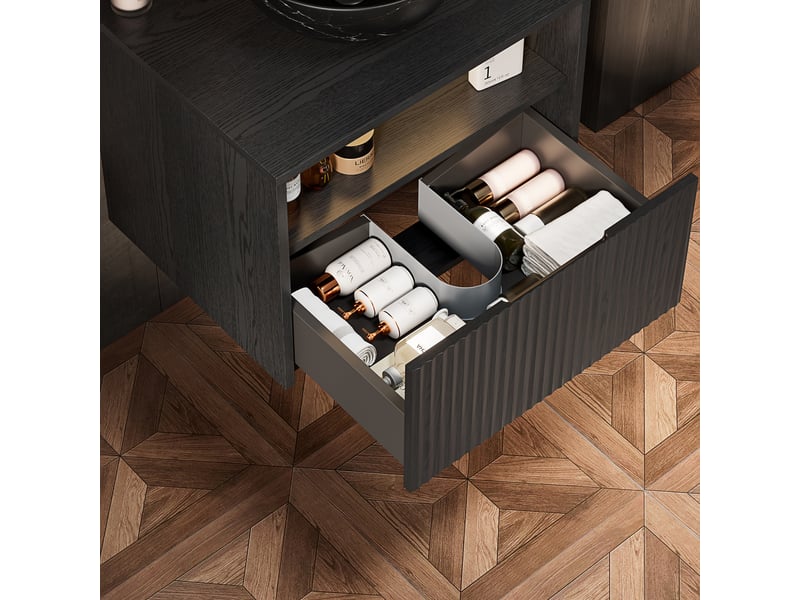  Meuble sous vasque mural avec 1 tiroir, façade en bois massif, sans vasque, pour salle de bain, en noir, 69×55×54 cm  - Conforama C