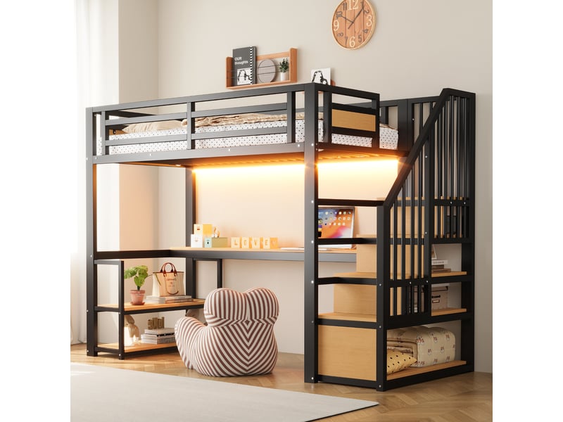  Lit mezzanine métal noir 90x200 cm avec barre led, prises, échelle de rangement et étagères, bureau et garde-corps  - Conforama B
