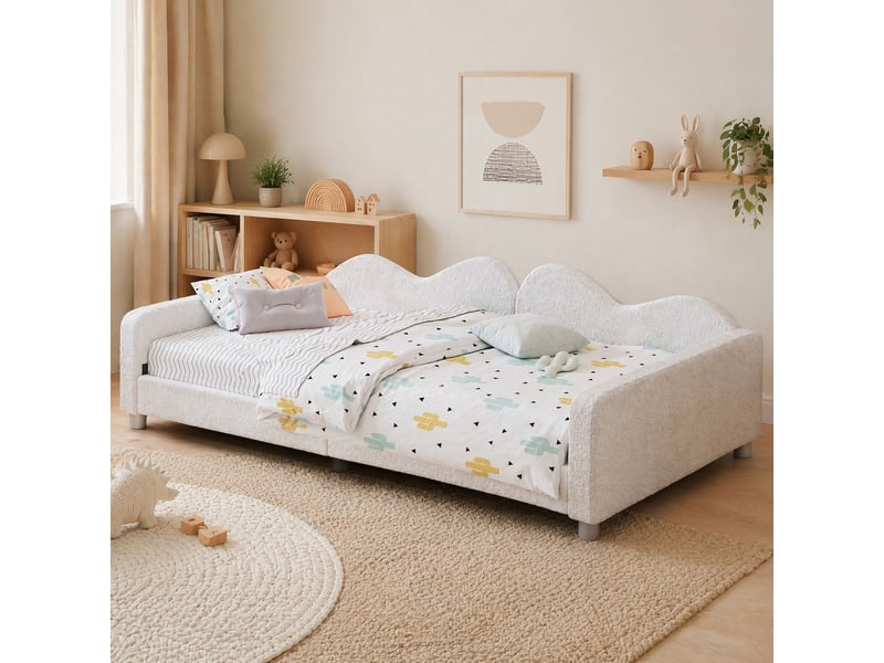  Lit banquette enfant 90x200 cm en tissu teddy blanc avec sommier à lattes  - Conforama D