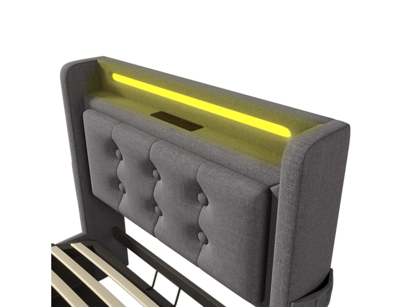  Lit coffre adulte 90x200 cm – gris – led, prises usb-c, matelas inclus et rangement hydraulique intégré  - Conforama E