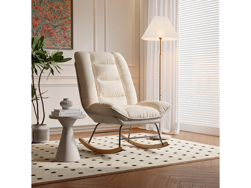  Fauteuil à bascule - 59 x 90 x 70 cm - beige et gris - dossier inclinable 5 positions avec tissu lin et similicuir  - Conforama C