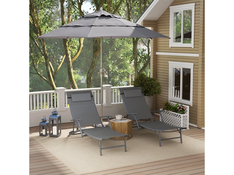  Ensemble de 2 chaises longues de jardin pliantes avec dossier réglable sur 4 niveaux et coussin, grises  - Conforama C