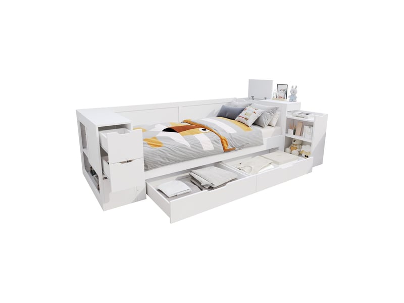  Lit coffre 90x200, rangement intégré lit une personne, tiroirs coulissants, sommier inclus, blanc frais  - Conforama A