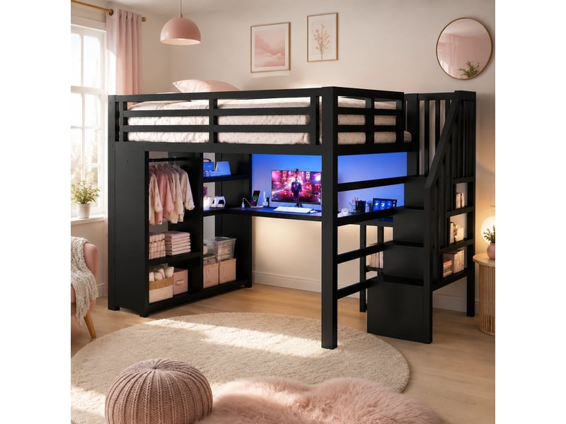  Lit mezzanine 140x200 cm en métal, noir, équipé de rangements, de dressing ouvert, d'escalier, de bureau, de usb et de led, sans matelas  - Conforama B