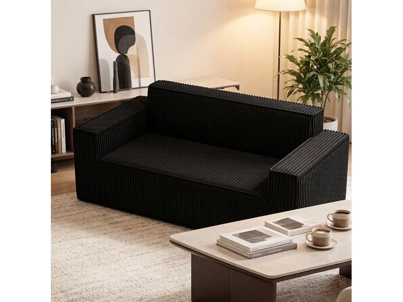  Canapé droit 2 places en velours côtelé noir 178x86x70 cm  - Conforama D