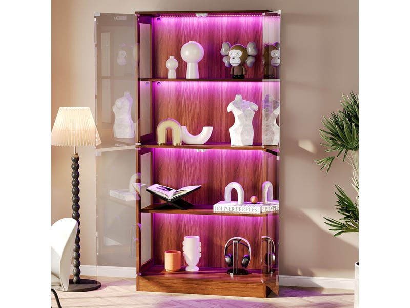 Vitrine pour figurines avec éclairage led multicolore, 80 x 35 x 170 cm, mdf et verre, noyer - Conforama B