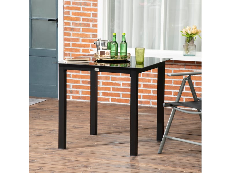  Table de jardin carrée 80x80x74 cm – noire – verre trempé 5 mm, aluminium thermolaqué, 4 places, pieds réglables  - Conforama B