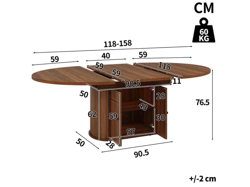  Table à manger extensible avec rangement 118 à 158 cm, mdf marron foncé  - Conforama C