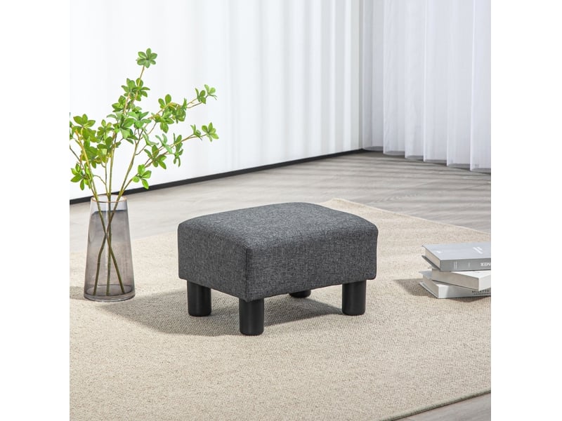  Repose-pied ottomane rectangulaire rembourré avec assise confortable, structure en bois, tissu aspect lin gris foncé 40 × 30 × 24 cm  - Conforama C
