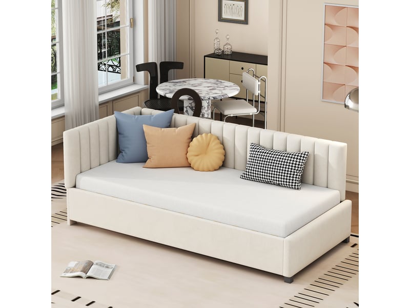  Canapé-lit enfant 90 x 200 cm avec sommier à lattes, cadre de lit 1 personne avec tete de lit rembourré, tissu velours, beige  - Conforama A