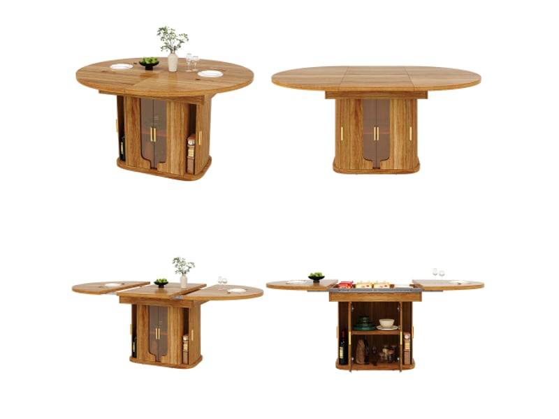 Table à manger extensible: ronde qui se transforme en ovale, 118–158 cm, 6 pers, bois de noyer, portes en verre - Conforama E
