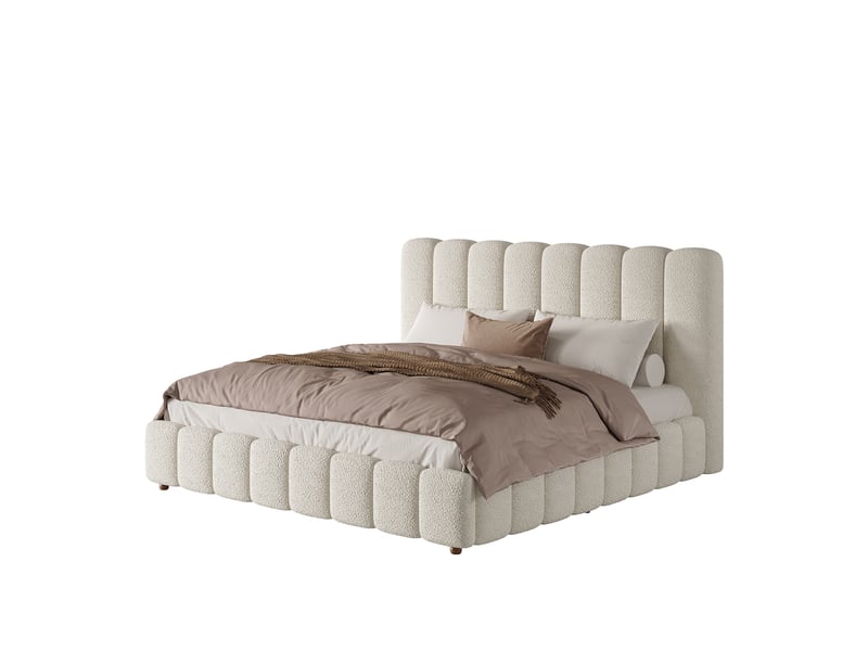  Lit double 180x200 cm avec sommier à lattes et tête de lit en bouclé, pieds en bois, blanc, sans matelas, design rayé  - Conforama A