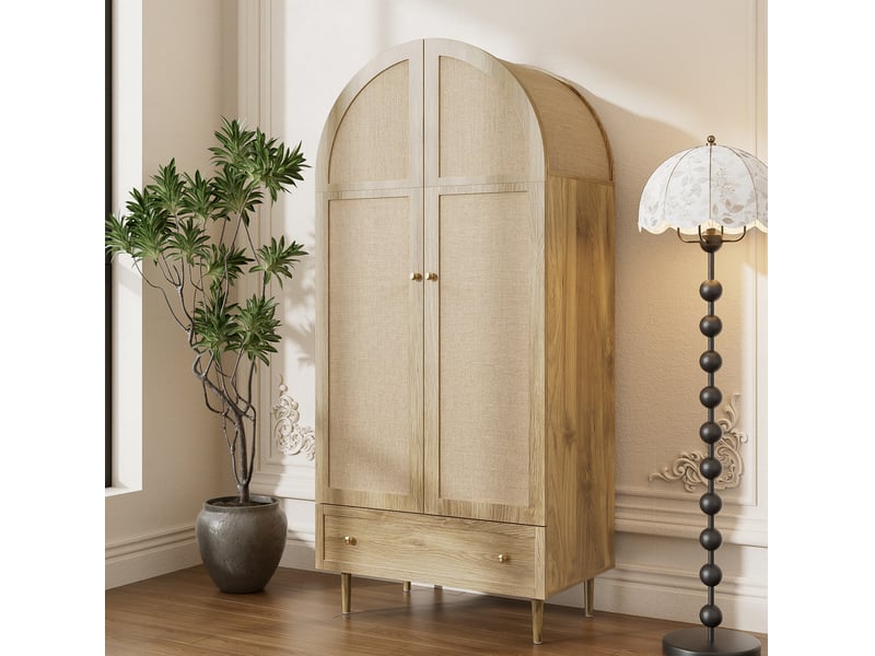  Armoire 79x50x175 cm avec tiroir MDF chêne clair, grand rangement et portes habillées de tissu  - Conforama D