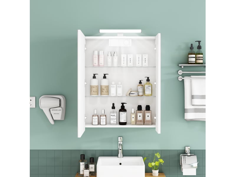  Armoire de toilette miroir murale blanche 60 x 16 x 70 cm avec éclairage led et prise française  - Conforama C