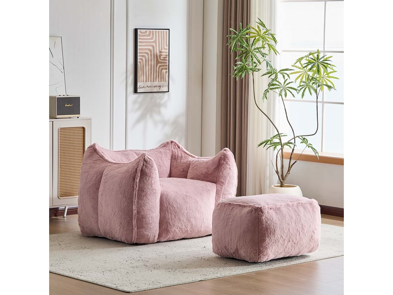  Fauteuil avec pouf et assise en mousse, forme arrondie et structure sans cadre pour salon, en fausse fourrure rose  - Conforama B