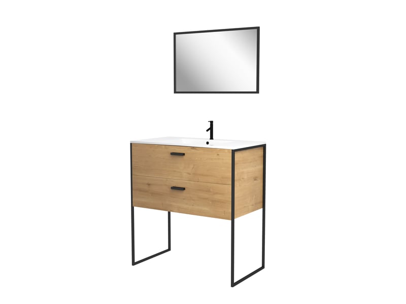  Ensemble meuble de salle de bain 80x45cm style industriel couleur chene naturel - vasque blanche  - Conforama A