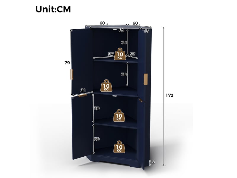 Armoire d'angle 60x60x172 cm 4 portes tablettes réglables mdf bleue  - Conforama E