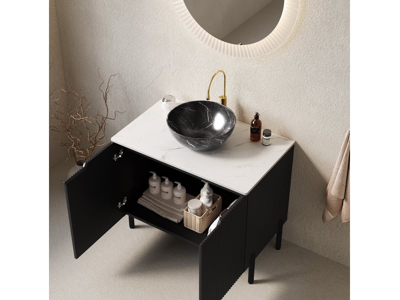  Meuble sous vasque avec vasque à poser, 2 portes à fermeture douce, style romantique, pour salle de bain, noir et blanc  - Conforama B