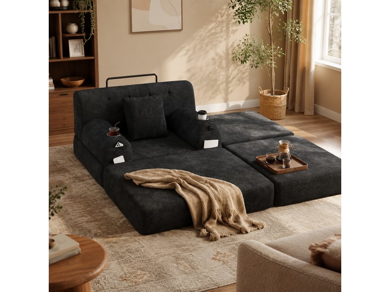  Fauteuil-lit convertible modenvie 1 place avec pouf 107 x 162 x 81 cm en velours côtelé noir  - Conforama E