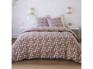Parure housse de couette 260x240cm + 2 taies motif fleuri marron 100% gaze de coton - adige