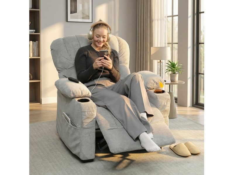  Fauteuil relax electrique avec fonction repose-pieds, télécommande, porte-boissons, 2 positions mémoire pour salon, gris  - Conforama B