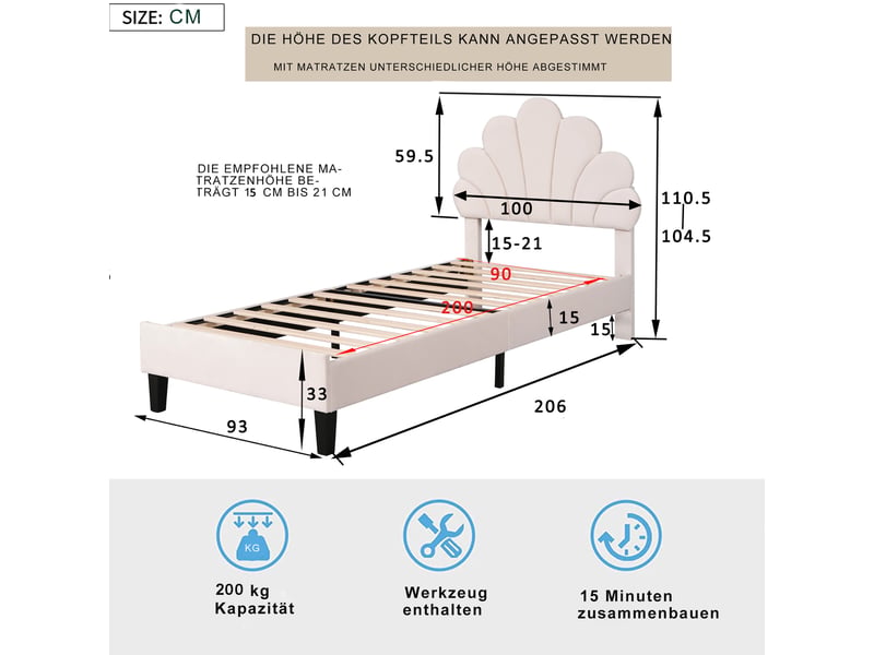  Lit enfant 90 × 200 cm 1 place avec tête de lit fleur rembourrée, sans matelas, en velours beige  - Conforama D