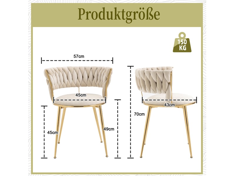  Chaise de salle à manger tcqpz lot de 2 en velours ivoire avec accoudoirs dossier ajouré pieds en métal doré 57 x 43 x 70 cm  - Conforama C