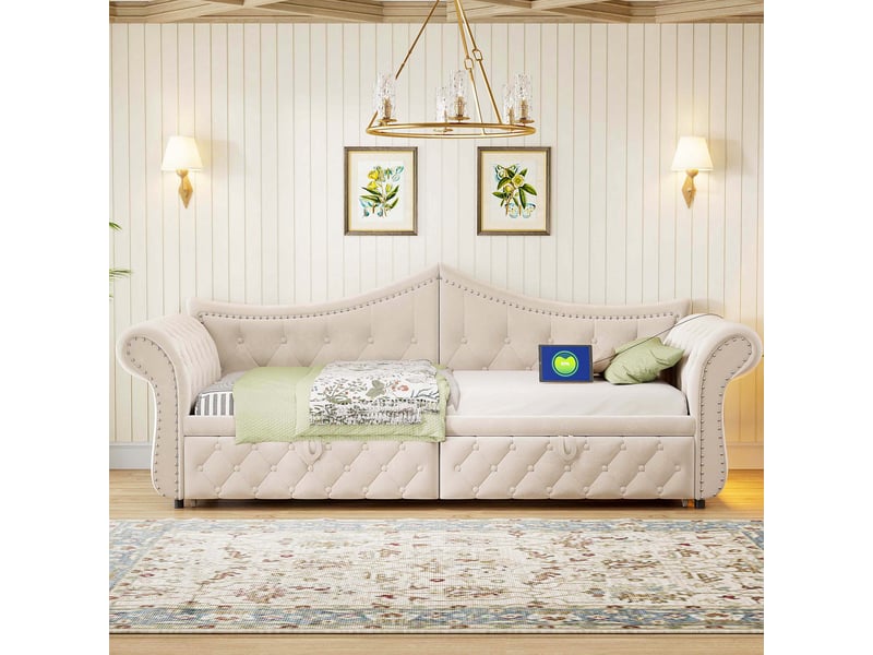  Canapé-lit convertible 90x200 cm avec lit extensible 180 cm, led et usb, banquette en velours avec détails cloutés - beige  - Conforama D