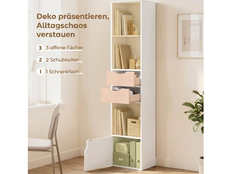  Bibliothèque étroite 30 x 24 x 158 cm – blanche – 3 étagères ouvertes, 2 tiroirs et rangement fermé  - Conforama E