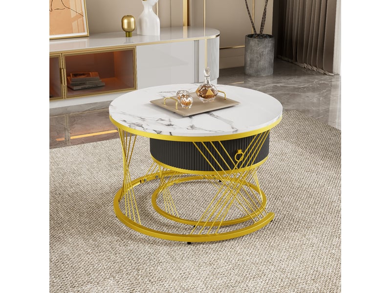  Table basse ulevr gigogne 2 pièces avec tiroir, ø70 et ø50 cm, plateau effet marbre mdf, blanc et doré  - Conforama D