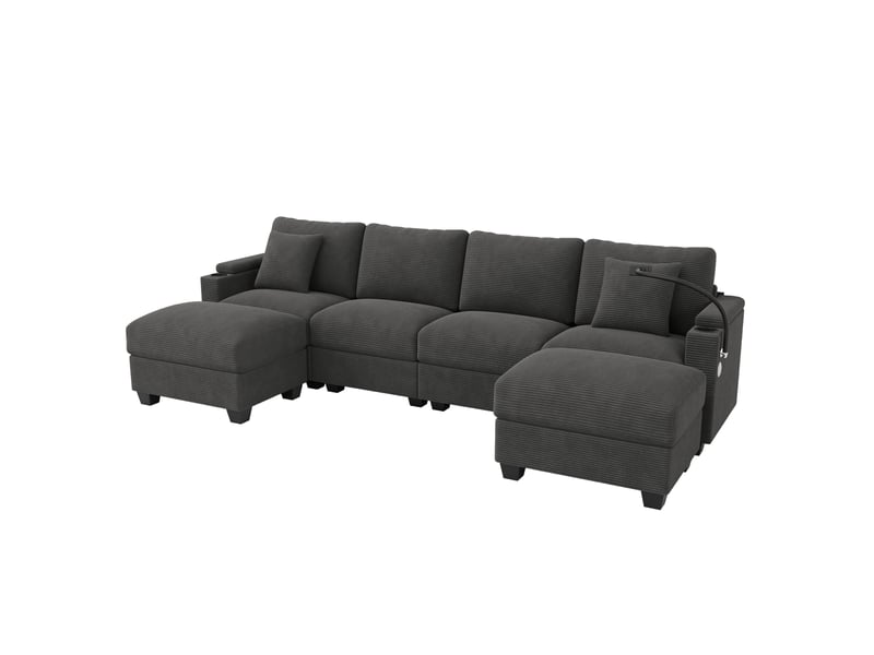 Canapé modulaire en u 6 places 275,5 x 139 cm – gris – velours côtelé, usb-c, rangement et pouf intégré - Conforama D