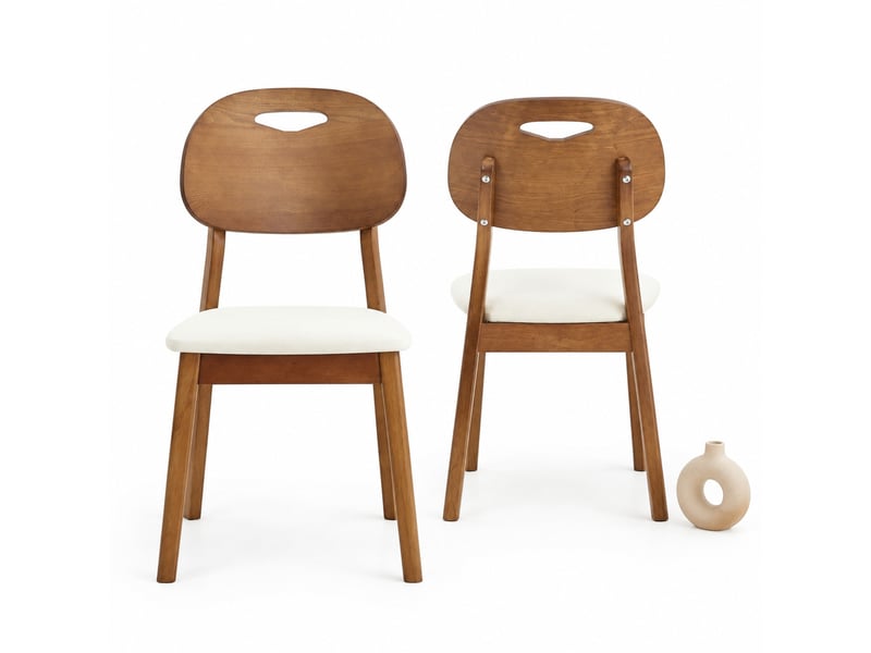  Lot de 2 chaises de salle à manger 44x50x88 cm, bois, chaise de cuisine, dossier ovale avec poignée, assise pu blanc  - Conforama A