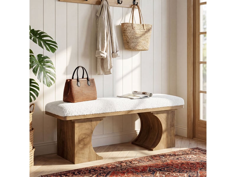  Banc rembourré de 120 cm, banc à chaussures au style rustique moderne avec coussin moelleux et pieds en bois incurvés, banc de bout de lit pour chambre ou entrée, blanc crème et marron.  - Conforama D