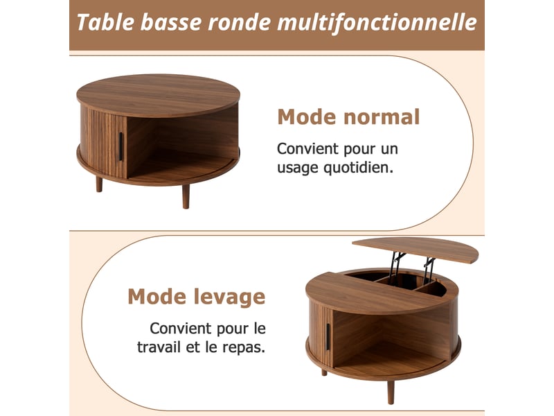 Table basse ronde 80 cm plateau relevable rangement avec porte coulissante façade à tasseaux mdf et pieds en pin massif décor noyer - Conforama E