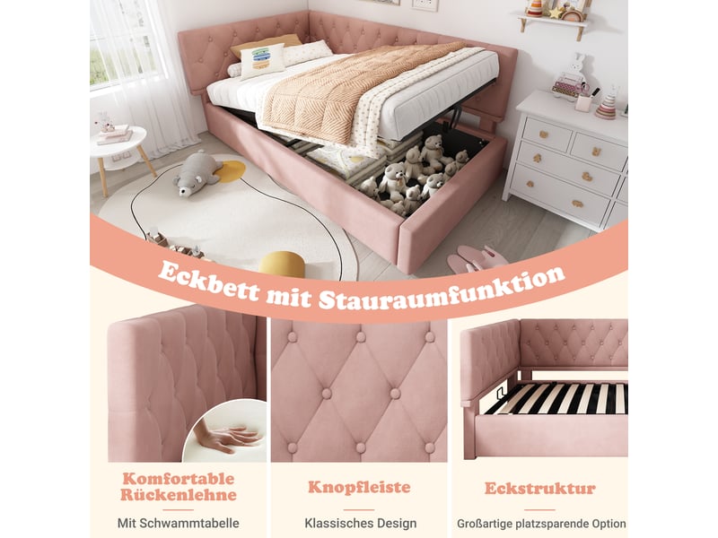  Lit banquette 90x200 velours rose - lit coffre avec rangement hydraulique et sommier  - Conforama D