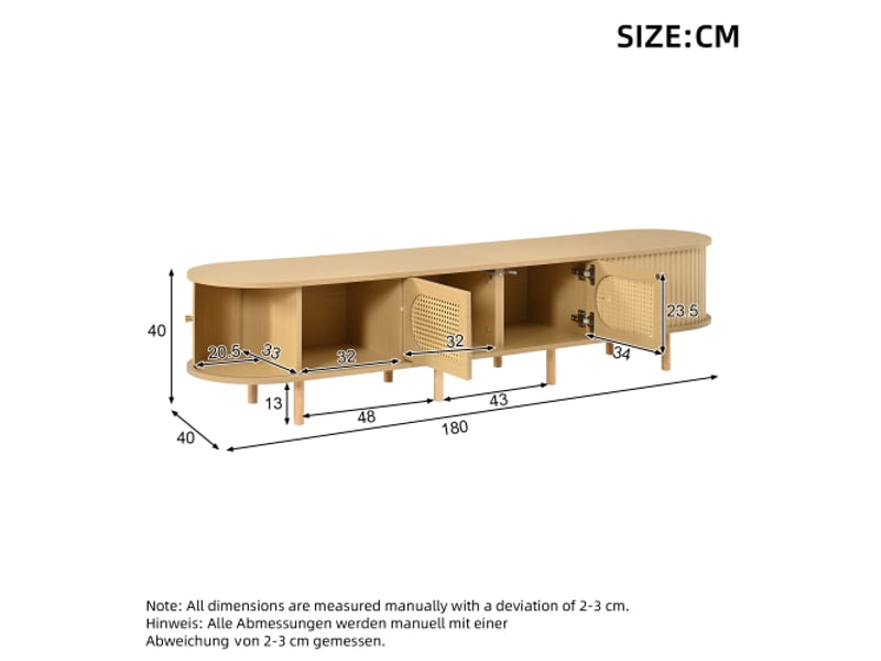  Meuble tv ovale en bois clair effet rotin – 180x40x40 cm, 2 portes battantes et 2 coulissantes, tv jusqu’à 75 pouces  - Conforama C