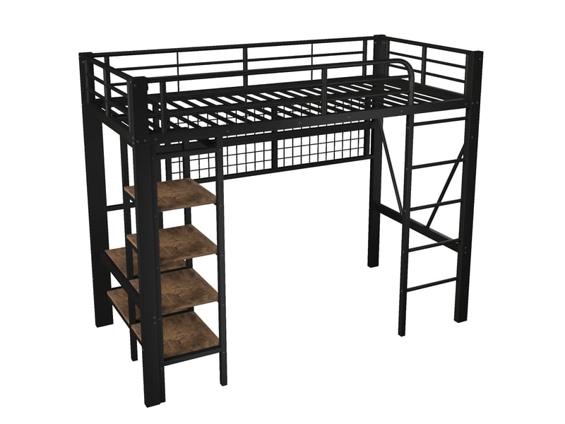  Lit mezzanine 90x200 cm noir avec led, penderie, filet de rangement et espace ouvert  - Conforama D