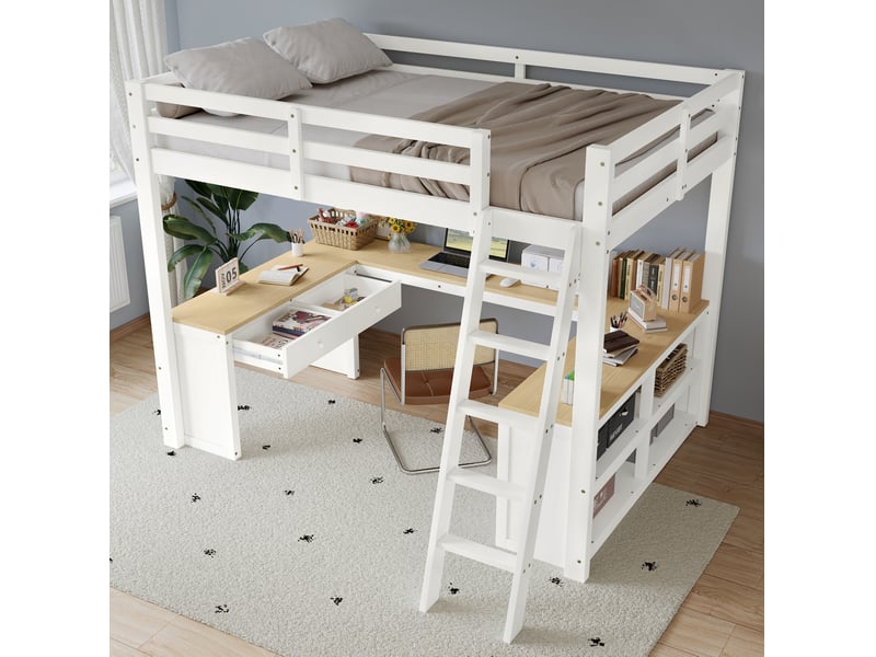  Lit mezzanine 140x200 cm avec bureau en u, 2 tiroirs, rangement, bois, mdf, panneau de particules, blanc et naturel, sans matelas  - Conforama B