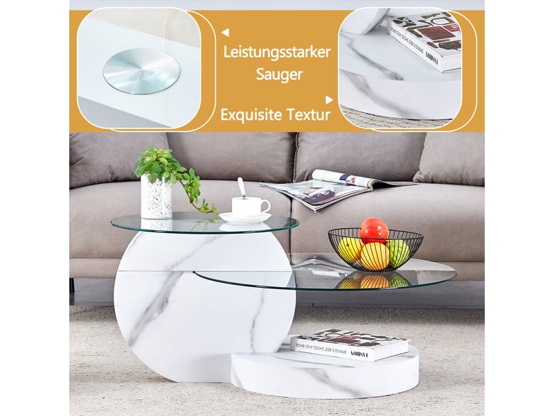  Table basse ronde blanche à deux niveaux, effet marbre et verre  - Conforama E
