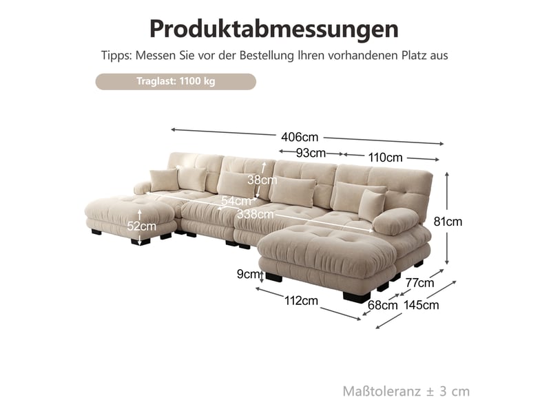  Canapé modulaire 4 places 406x145x81 cm, poufs mobiles, assemblage uldroite, chenille, café clair  - Conforama C