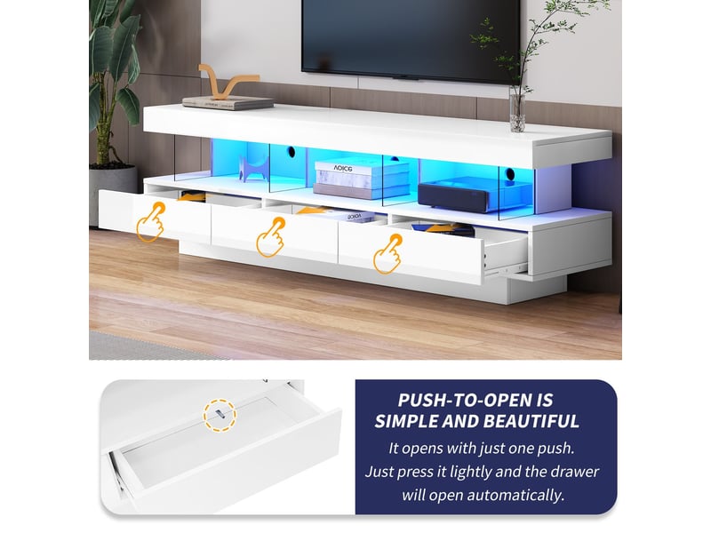  Meuble tv 160x40x50, brillant avec 3 compartiments verre, éclairage led meuble tv avec rangement  - Conforama D
