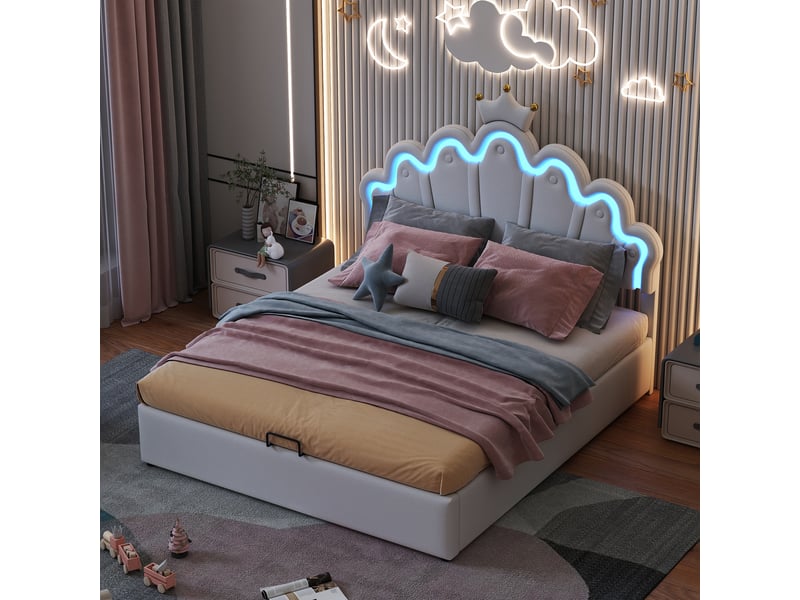 Lit princesse blanc 140x200 cm rembourré avec couronne et led réglable - Conforama B